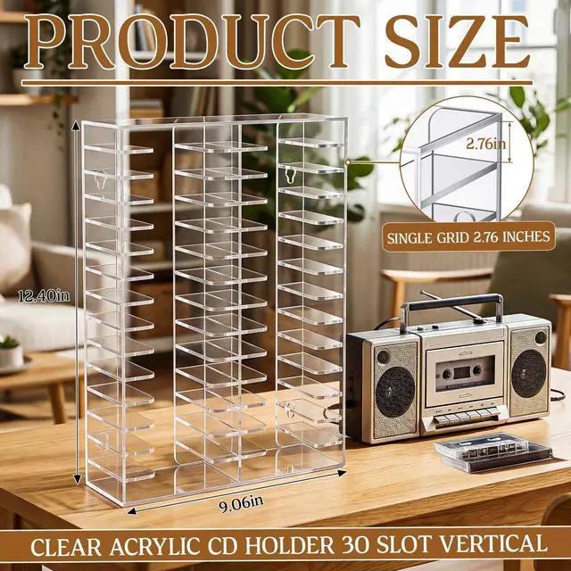 Alt view image 2 of 5 - Junkin 30 Slot Clear Acrylic Cassette Tape Storage Organizers Stackable CD Holder with Rubber Feet, Desktop or Wall Mounted, Ideal for Studio Theatre Room, Collectors