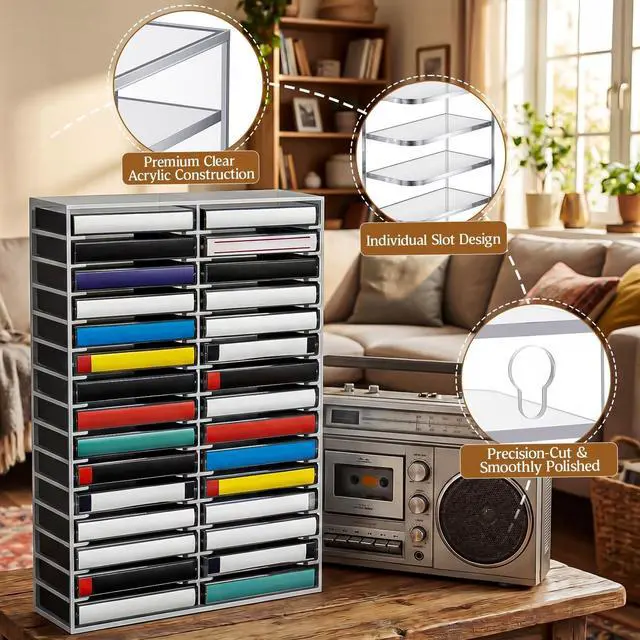 Alt view image 3 of 5 - Junkin 30 Slot Clear Acrylic Cassette Tape Storage Organizers Stackable CD Holder with Rubber Feet, Desktop or Wall Mounted, Ideal for Studio Theatre Room, Collectors