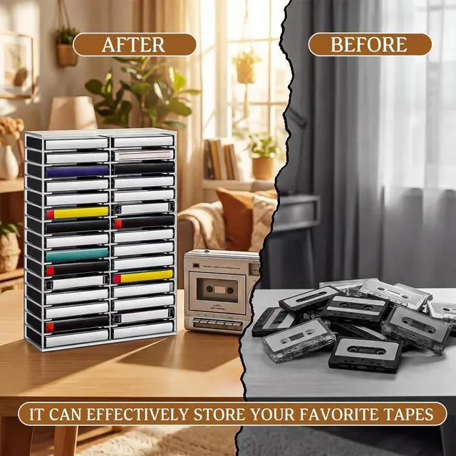 Alt view image 5 of 5 - Junkin 30 Slot Clear Acrylic Cassette Tape Storage Organizers Stackable CD Holder with Rubber Feet, Desktop or Wall Mounted, Ideal for Studio Theatre Room, Collectors
