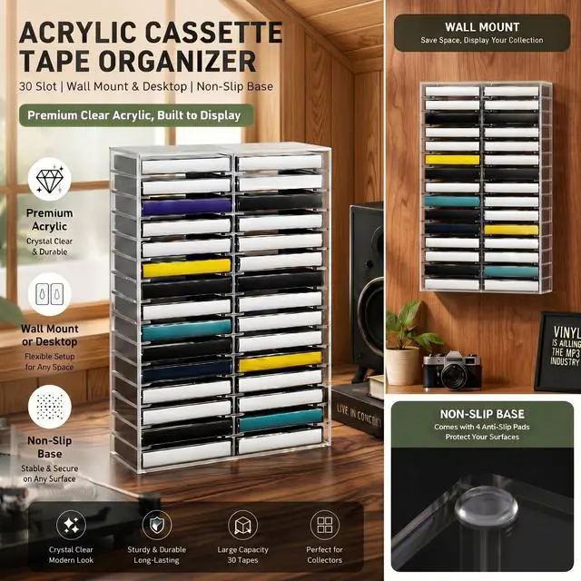 Alt view image 4 of 5 - Junkin 30 Slot Clear Acrylic Cassette Tape Storage Organizers Stackable CD Holder with Rubber Feet, Desktop or Wall Mounted, Ideal for Studio Theatre Room, Collectors