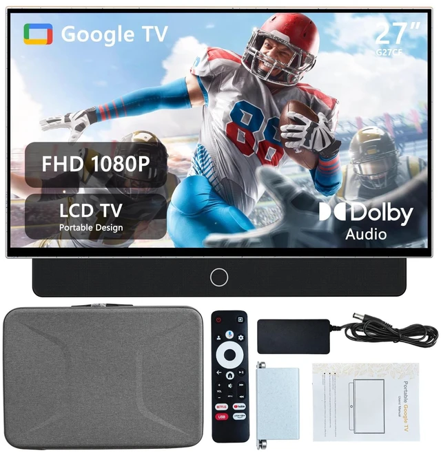 Main image of 27 inch Portable TV FHD 1080P Android14 OS with Google TV,9000mAh Battery,Dolby Audio,100%sRGB,Google Assistant,Leather Handle,Streaming Android TV with Carry Case for Outdoor Travel Camping,White