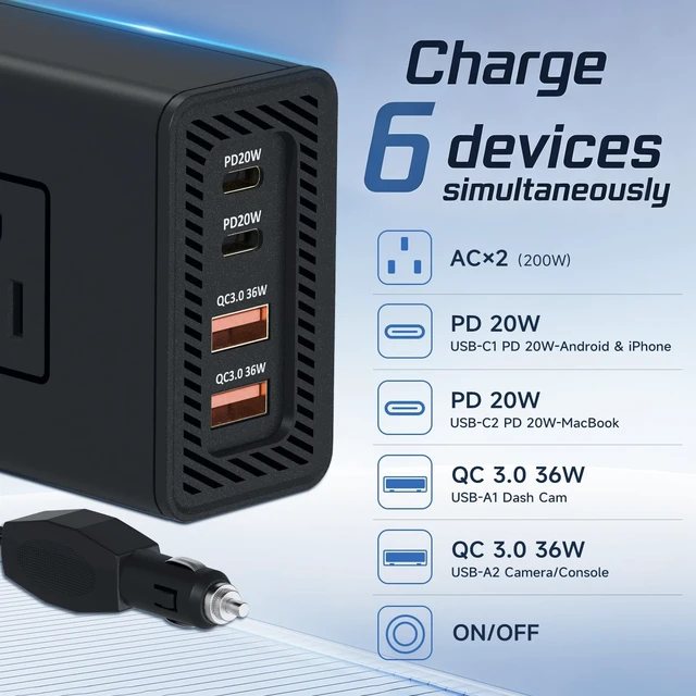 Alt view image 3 of 5 - 200W Portable 12V to 110v Car Charger Power Inverters for Vehicles
