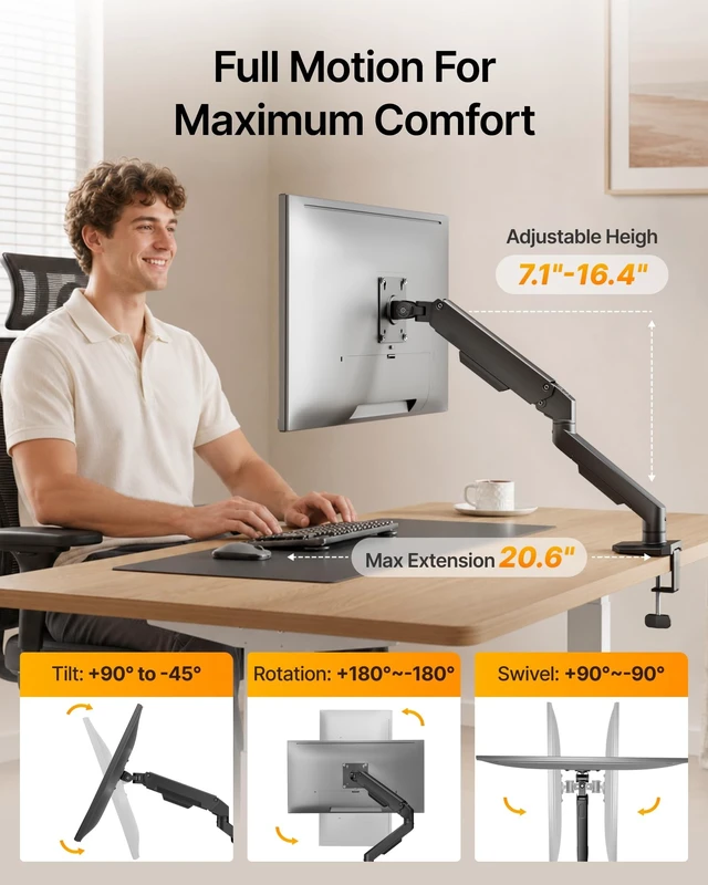 Alt view image 4 of 5 - monTEK Aluminum Single Monitor Arm for 17-32" Screens, Holds 19.8 lbs