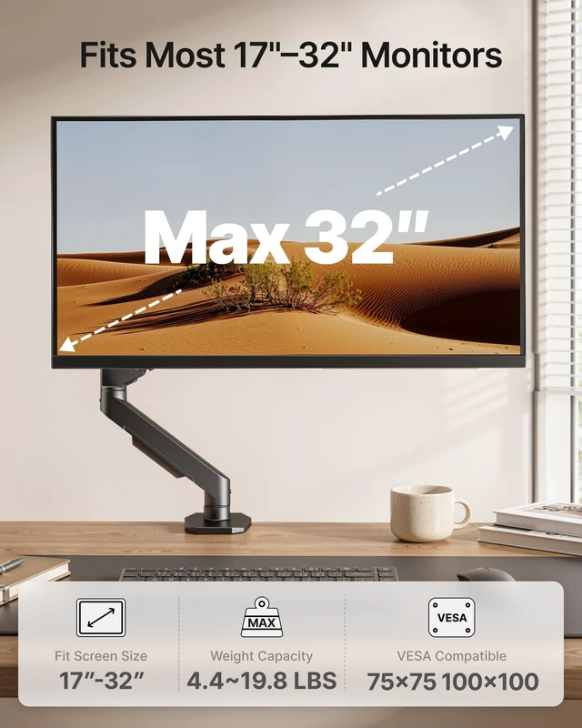 Alt view image 3 of 5 - monTEK Aluminum Single Monitor Arm for 17-32" Screens, Holds 19.8 lbs