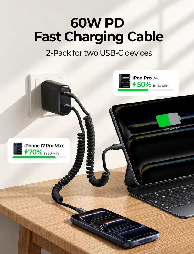 Alt view image 2 of 5 - LISEN Coiled USB C to USB C Cable 2 Pack 60W Android Auto Cable