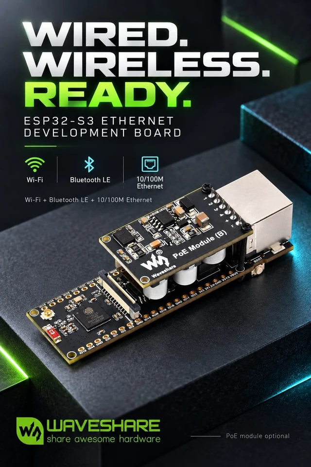 Alt view image 3 of 5 - AmpOhm360 ESP32-S3 Ethernet PoE Module Development Board with Wi-Fi Ble 240MHz Dual Core Microcontroller for IoT DIY Maker Projects SKU-28771