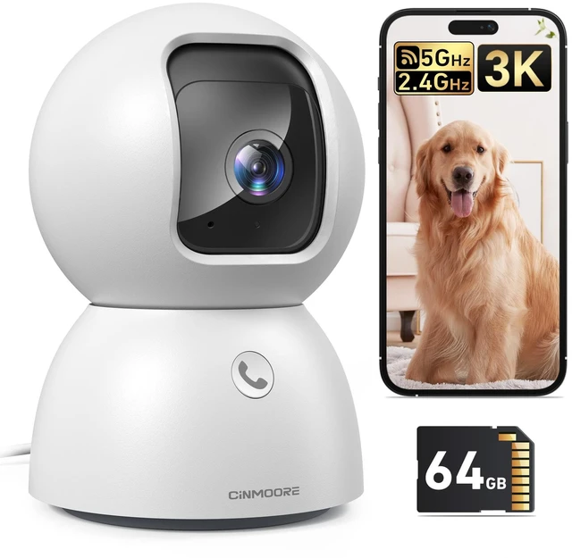 Main image of CINMOORE Smart 3K Indoor Dome Security Camera with AI Human/Pet/Facial Detection, 360 Pan-Tilt Coverage, 2-Way Audio, 2.4GHz 5GHz Dual-Band Wi-Fi - Includes 64GB SD Card & No Subscription Needed
