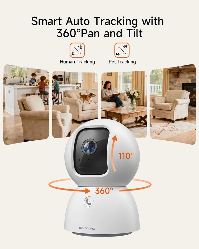 Alt view image 4 of 5 - CINMOORE Smart 3K Indoor Dome Security Camera with AI Human/Pet/Facial Detection, 360 Pan-Tilt Coverage, 2-Way Audio, 2.4GHz 5GHz Dual-Band Wi-Fi - Includes 64GB SD Card & No Subscription Needed