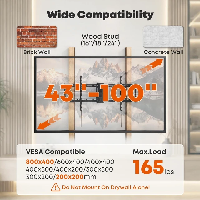 Alt view image 2 of 5 - Heavy Duty Tilting TV Wall Mount for 43-100 Inch TVs up to 165 lbs