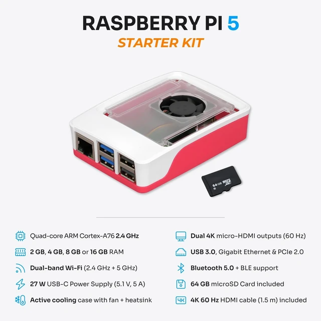 Alt view image 3 of 5 - PiiKit Starter Kit for Raspberry Pi 5 8 GB ^^ 64 GB MicroSD Card ^^ 27 W Power Supply ^^ Case with Integrated Fan and Heat Sink ^^ 4K 60 Hz Micro-HDMI Cable