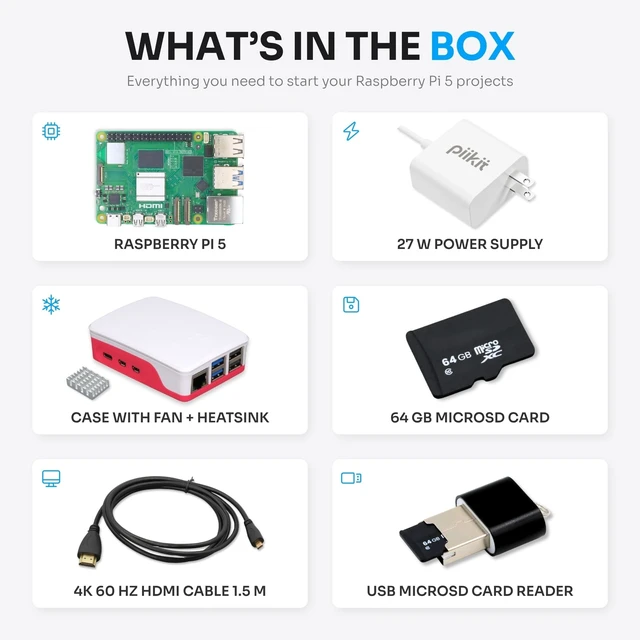 Alt view image 2 of 5 - PiiKit Starter Kit for Raspberry Pi 5 8 GB ^^ 64 GB MicroSD Card ^^ 27 W Power Supply ^^ Case with Integrated Fan and Heat Sink ^^ 4K 60 Hz Micro-HDMI Cable