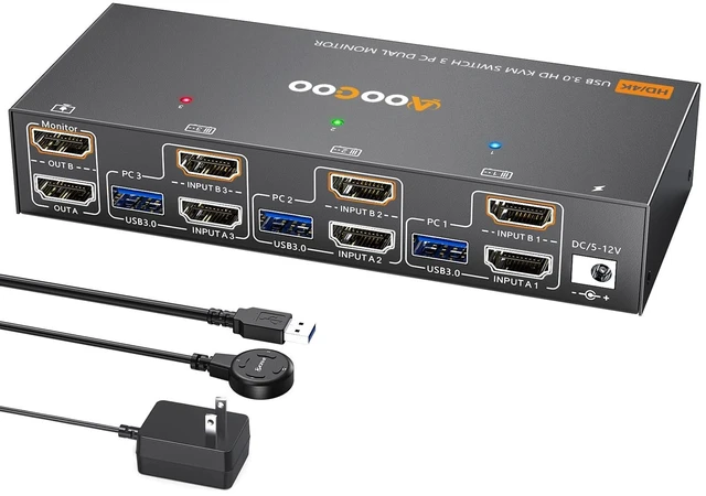 Main image of HDMI KVM Switch 2 Monitors 3 PC, 4K@60Hz Dual Monitor KVM Switches with EDID Simulator, USB 3.0 Port,Wired Remote,Power Adapter and 3 USB3.0 Cables Included