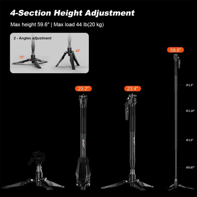 Alt view image 4 of 5 - COMAN M1MINI 59.6" One-Click Lifting Carbon Fiber Monopod for Camera