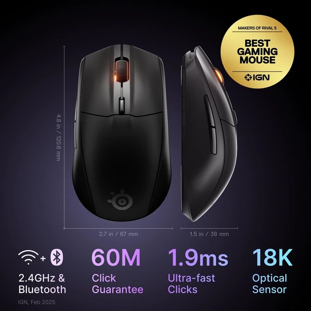 Alt view image 2 of 5 - SteelSeries Rival 3 Wireless Gen 2 Gaming Mouse 2.4GHz and Bluetooth 18000 DPI TrueMove Air Optical Sensor 60 Million Click Durability Light-Weight 100% PTFE Feet Black