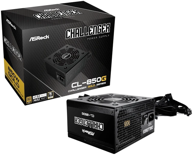 Main image of ASRock Challenger 850W Power Supply Auto iCOOL Intelligent Fan Control 120mm Golf Blade 5 Years Warranty CL-850G 80 Plus Gold Certified Non-Modular ATX3.1 PCIe5.1 12V-2x6 Cable