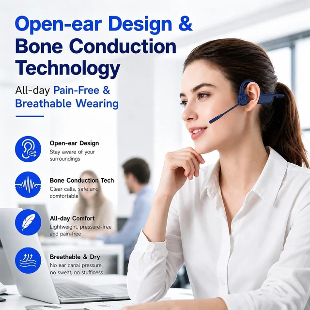 Alt view image 4 of 5 - Open-Ear Headphones with Noise-Canceling Mic, Bone Conduction Headphones
