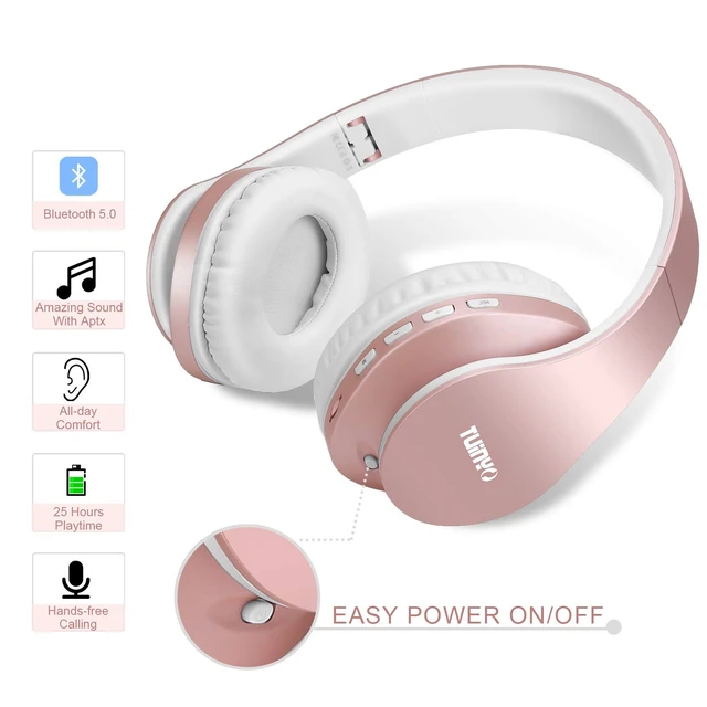 Alt view image 3 of 5 - TUINYO Wireless Headphones Over Ear, Bluetooth Headphones with Microphone, Foldable Stereo Wireless Headset-Rose Gold