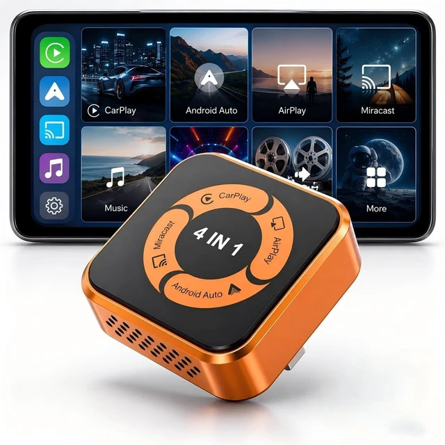 Main image of 4-in-1 Wireless CarPlay Adapter, Wireless Android Auto, AirPlay & Miracast Screen Mirroring Adapter, Plug & Play Car Dongle for Apple iOS & Android