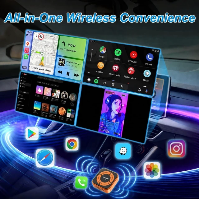 Alt view image 5 of 5 - 4-in-1 Wireless CarPlay Adapter, Wireless Android Auto, AirPlay & Miracast Screen Mirroring Adapter, Plug & Play Car Dongle for Apple iOS & Android