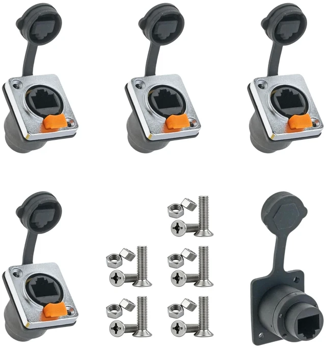 Main image of DvnJok 5-Pack RJ45 D-Type Panel Mount Ethernet Coupler, Female to Female Straight Through, Cat6/Cat5e/Cat5 Compatible with Dust Cover and Mounting Hardware (5-Pack Silver & Orange)