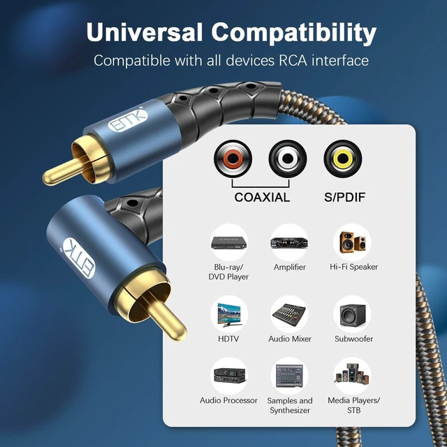Alt view image 2 of 5 - EMK RCA Subwoofer Cable 90 Degree RCA to RCA Audio Cable 24K Gold-Plated Nylon Braided Double Shielded Digital Analogue Supports Amplifiers,Home Theater,Hi-Fi Systems,Subwoofer(50ft/15m)