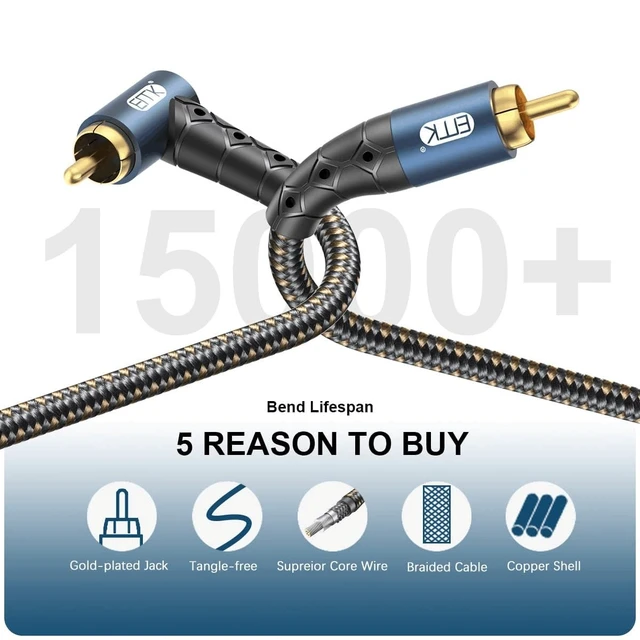Alt view image 5 of 5 - EMK RCA Subwoofer Cable 90 Degree RCA to RCA Audio Cable 24K Gold-Plated Nylon Braided Double Shielded Digital Analogue Supports Amplifiers,Home Theater,Hi-Fi Systems,Subwoofer(50ft/15m)