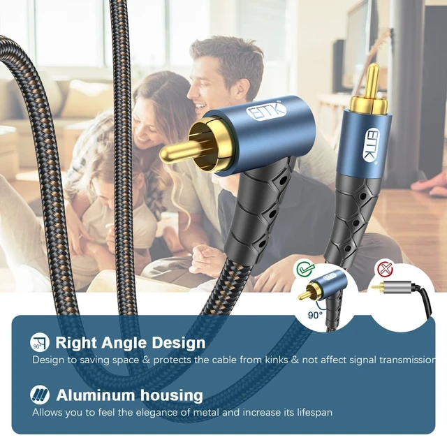 Alt view image 4 of 5 - EMK RCA Subwoofer Cable 90 Degree RCA to RCA Audio Cable 24K Gold-Plated Nylon Braided Double Shielded Digital Analogue Supports Amplifiers,Home Theater,Hi-Fi Systems,Subwoofer(50ft/15m)