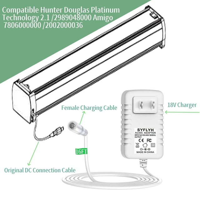 Alt view image 3 of 5 - 18V Power Adapter for Hunter Douglas Charger PowerView 2989048000 2002000036 Amigo 7806000000 Female Connector (16FT)