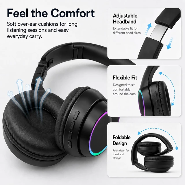 Alt view image 3 of 5 - CYSRALFC Bluetooth Headphones, Over Ear Wireless Headphones, RGB Light, Foldable Lightweight Headset with Microphone, Wireless Headphones for Cell Phone, Music, Gaming, School, Home Offi