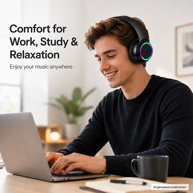 Alt view image 4 of 5 - CYSRALFC Bluetooth Headphones, Over Ear Wireless Headphones, RGB Light, Foldable Lightweight Headset with Microphone, Wireless Headphones for Cell Phone, Music, Gaming, School, Home Offi