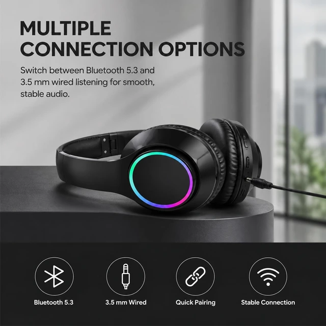 Alt view image 5 of 5 - CYSRALFC Bluetooth Headphones, Over Ear Wireless Headphones, RGB Light, Foldable Lightweight Headset with Microphone, Wireless Headphones for Cell Phone, Music, Gaming, School, Home Offi
