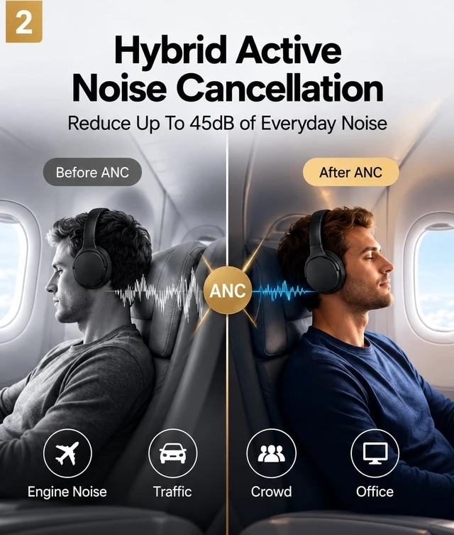 Alt view image 2 of 5 - Hybrid Active Noise Cancelling Bluetooth 6.0 Headphones 120H Long Playtime, 6 ENC Mic, Over Ear Headphones Wireless, Hi-Res Audio, Memory Foam Earcup, Transparency Mode ANC Headphone for Travel