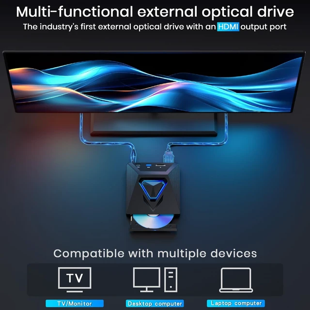 Alt view image 3 of 5 - Dainty 6-in-1 CD DVD Drive for TV-External Mini CD/DVD Drive with HDMI AV Output, USB/TF Reader. Universal DVD Player forTV/Monitors/PCs/Laptops,Player for Home Theater Stereo System(Black)