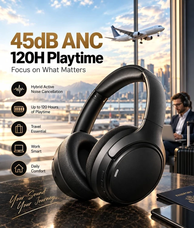 Alt view image 3 of 5 - Hybrid Active Noise Cancelling Bluetooth 6.0 Headphones 120H Long Playtime, 6 ENC Mic, Over Ear Headphones Wireless, Hi-Res Audio, Memory Foam Earcup, Transparency Mode ANC Headphone for Travel
