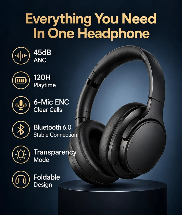 Alt view image 4 of 5 - Hybrid Active Noise Cancelling Bluetooth 6.0 Headphones 120H Long Playtime, 6 ENC Mic, Over Ear Headphones Wireless, Hi-Res Audio, Memory Foam Earcup, Transparency Mode ANC Headphone for Travel