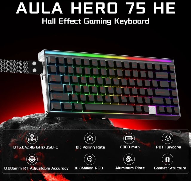 Alt view image 2 of 5 - Aula Hero 75 HE Hall Effect Wireless Gaming Keyboard, 8K Polling & 8000mAh