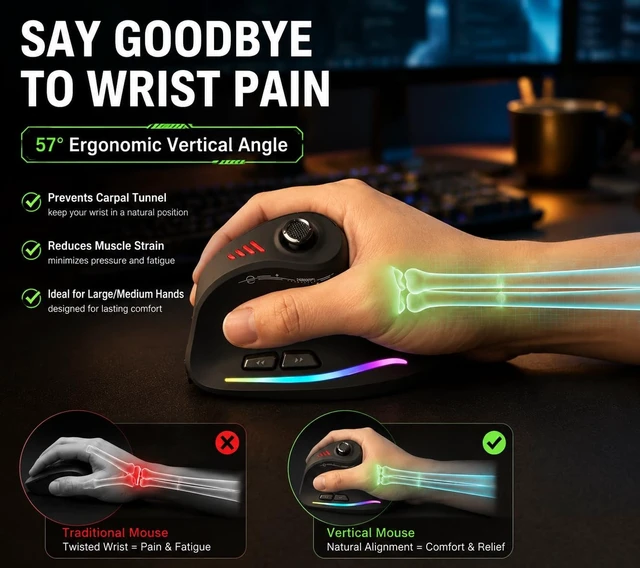 Alt view image 3 of 5 - TKMARS Wireless Ergonomic Vertical Gaming Mouse with Joystick, Bluetooth & 2.4G, 12 Programmable Buttons, Adjustable 24000 DPI, Rechargeable RGB Computer Mouse for PC, MacBook & Laptops