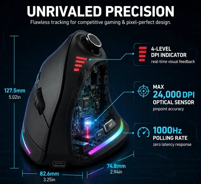 Alt view image 4 of 5 - TKMARS Wireless Ergonomic Vertical Gaming Mouse with Joystick, Bluetooth & 2.4G, 12 Programmable Buttons, Adjustable 24000 DPI, Rechargeable RGB Computer Mouse for PC, MacBook & Laptops