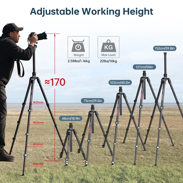Alt view image 4 of 5 - Manbily Travel Tripod Carbon Fiber for Camera, 58.7" Camera Tripods Compact Portable Lightweight, with Metal Flip Buckle, No Ball Head, Max Load 22lbs-PH-20 (Gray)
