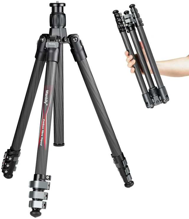 Main image of Manbily Travel Tripod Carbon Fiber for Camera, 58.7" Camera Tripods Compact Portable Lightweight, with Metal Flip Buckle, No Ball Head, Max Load 22lbs-PH-20 (Gray)
