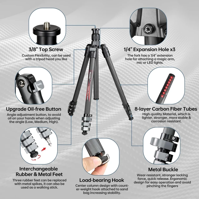 Alt view image 3 of 5 - Manbily Travel Tripod Carbon Fiber for Camera, 58.7" Camera Tripods Compact Portable Lightweight, with Metal Flip Buckle, No Ball Head, Max Load 22lbs-PH-20 (Gray)