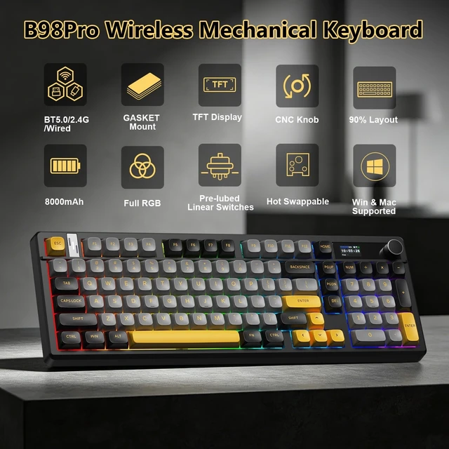 Alt view image 2 of 5 - BlueFinger B98Pro Wireless Gaming Mechanical Keyboard with Wrist Rest