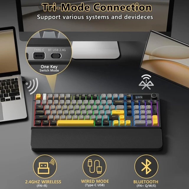 Alt view image 3 of 5 - BlueFinger B98Pro Wireless Gaming Mechanical Keyboard with Wrist Rest