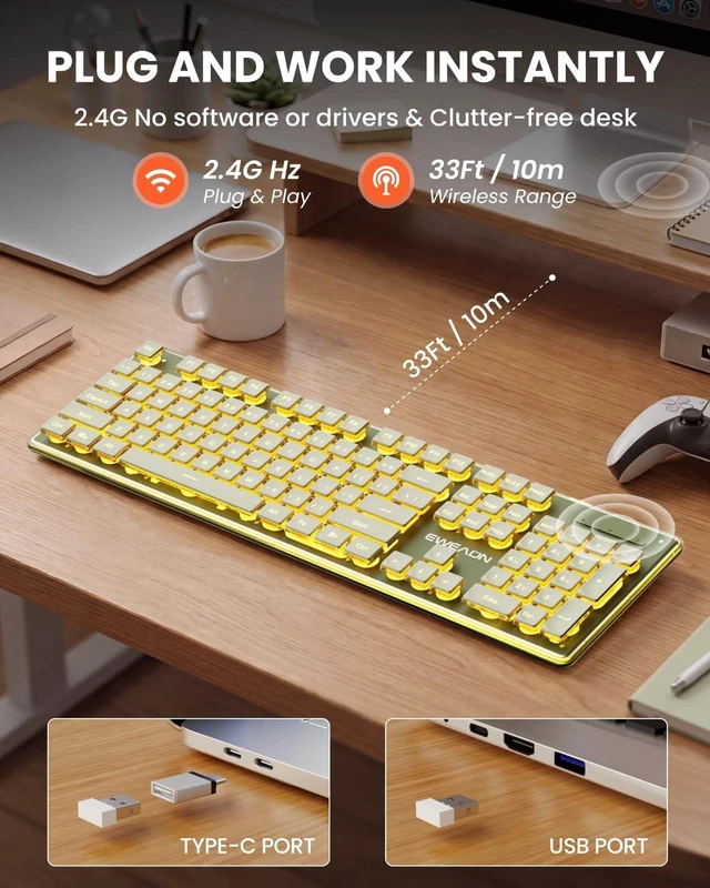 Alt view image 3 of 5 - Wireless Keyboard with Warm Backlit, Quiet, Rechargeable, 2.4GHz, Green