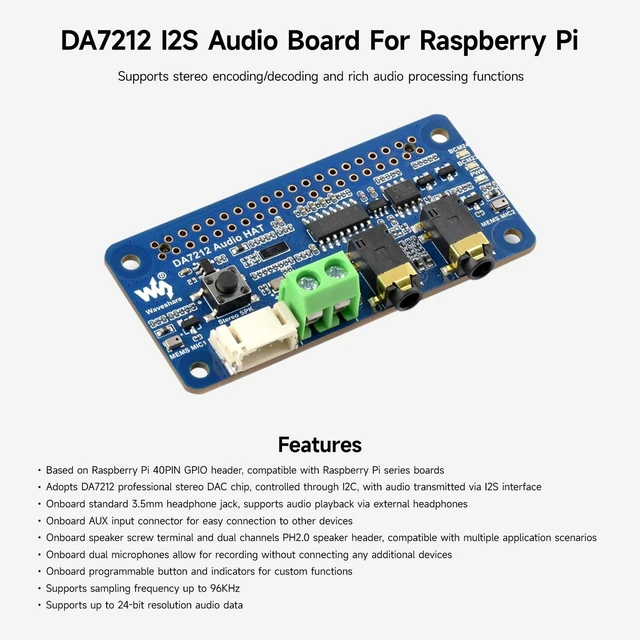 Alt view image 3 of 5 - KLAYERS DA7212 I2S Audio Board Compatible with RPi, Stereo Encoding/Decoding, Onboard Dual Microphones