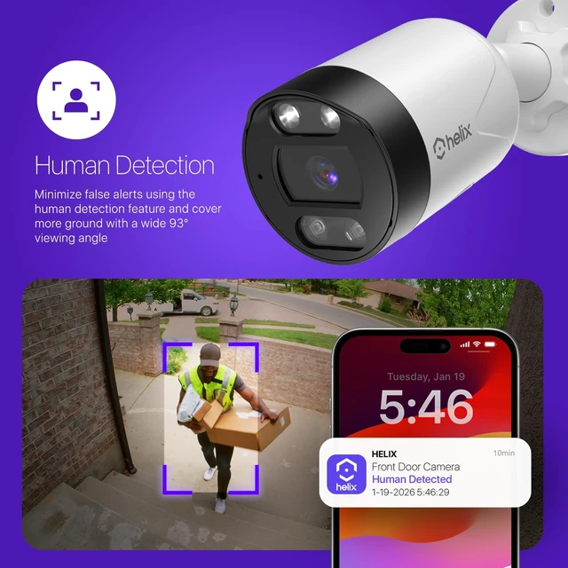 Alt view image 4 of 5 - Helix 5MP Outdoor IP Security PoE Camera, Human Detection, NDAA Compliant, IP Surveillance Bullet, 2-Way Audio, Support 256GB MicroSD, 98ft Night Color Vision, Deterrent, HLX-IP5M-B102EW-AI