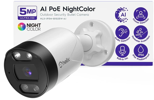 Main image of Helix 5MP Outdoor IP Security PoE Camera, Human Detection, NDAA Compliant, IP Surveillance Bullet, 2-Way Audio, Support 256GB MicroSD, 98ft Night Color Vision, Deterrent, HLX-IP5M-B102EW-AI