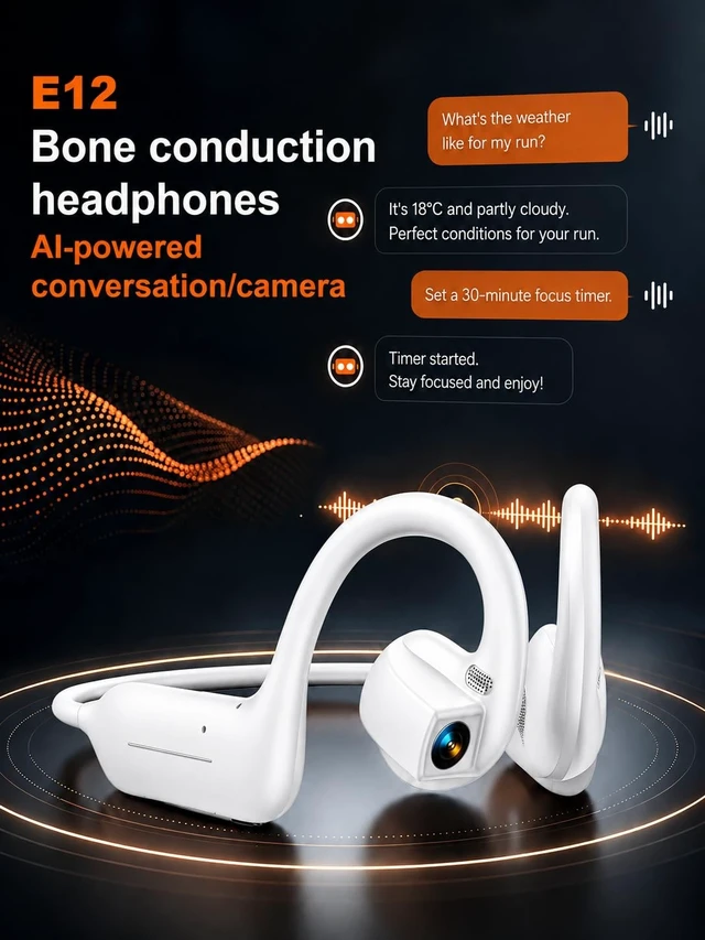 Alt view image 3 of 5 - E12 Bone Conduction Headphones with Camera, Open-Ear Bluetooth Earbuds