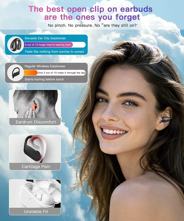 Alt view image 2 of 5 - Upgraded Ultra Open Ear Earbuds - Lightweight Comfort Clip-On Wireless Bone Conduction Earbuds, Secure Fit & AI-Powered Clear Calls Bluetooth Open Ear Headphones for Work,Commute,Workout, Black