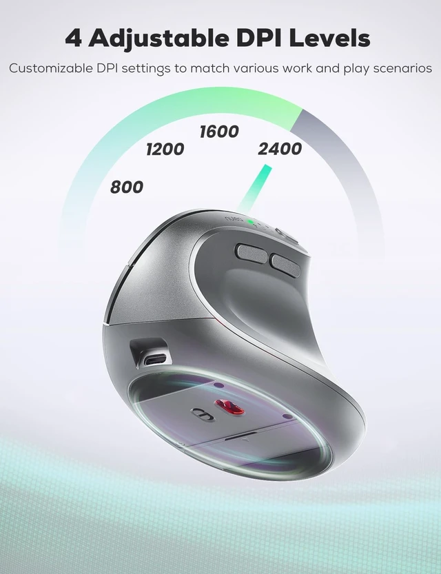 Alt view image 5 of 5 - Nulea MD280 Ergonomic Vertical Wireless Mouse - Bluetooth & 2.4G Dual Mode, 4 Adjustable DPI 800/1200/1600/2400, Rechargeable, Silent Clicks, No Lag, 6 Buttons - Perfect for Laptop, Desktop Gre
